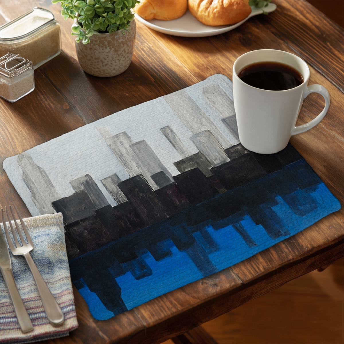 Picture of Begin Home Decor CBPM14185DKPQ6 14 x 18 in. Blue City Braided Polyester Placemat - Building Blue Bedroom Decor
