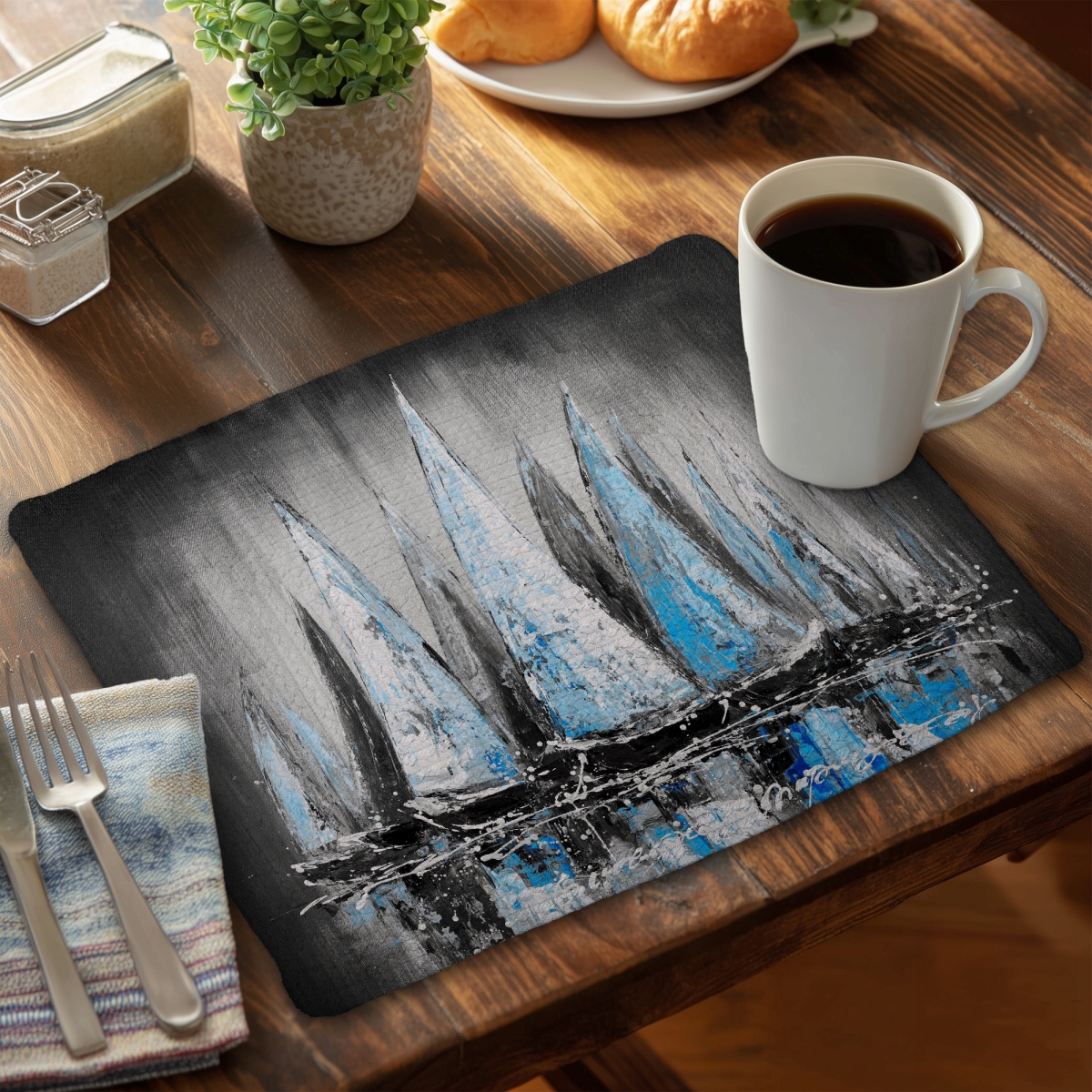 Picture of Begin Home Decor CBPM14184986GZ 14 x 18 in. Blue Sailboats Blue Abstract Braided Polyester Placemat Decor