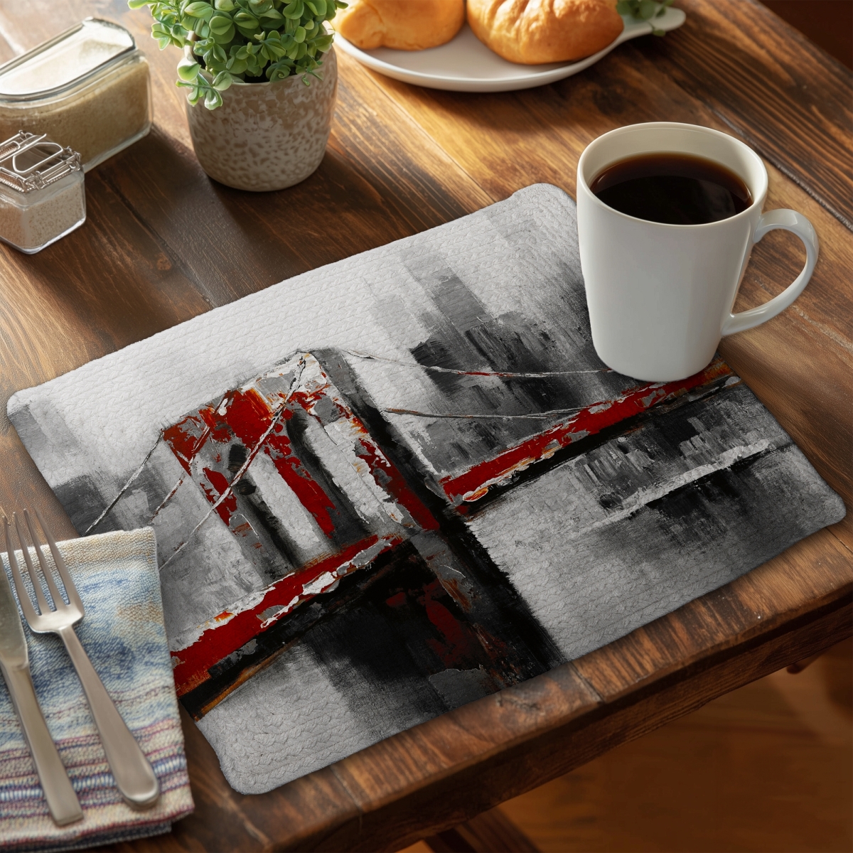 Picture of Begin Home Decor CBPM1418FEH0P2 14 x 18 in. Gray Abstract Red Brooklyn Bridge Placemat - Home Decor