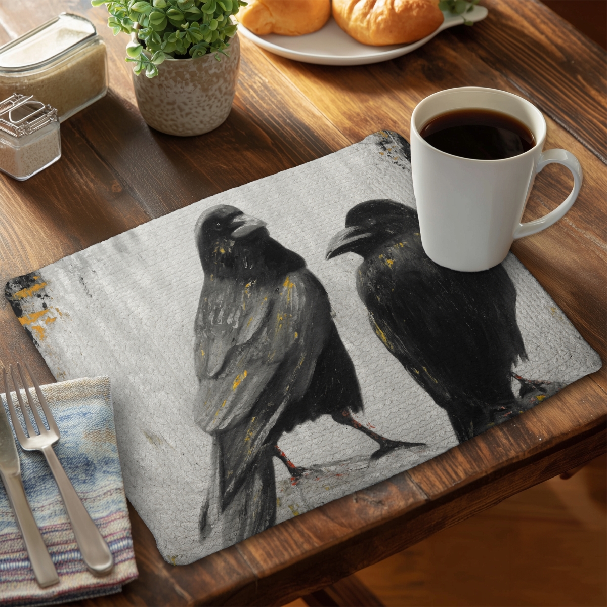 Picture of Begin Home Decor CBPM14185ODMHR 14 x 18 in. Two Crows Birds Braided Polyester Placemat - Home Decor