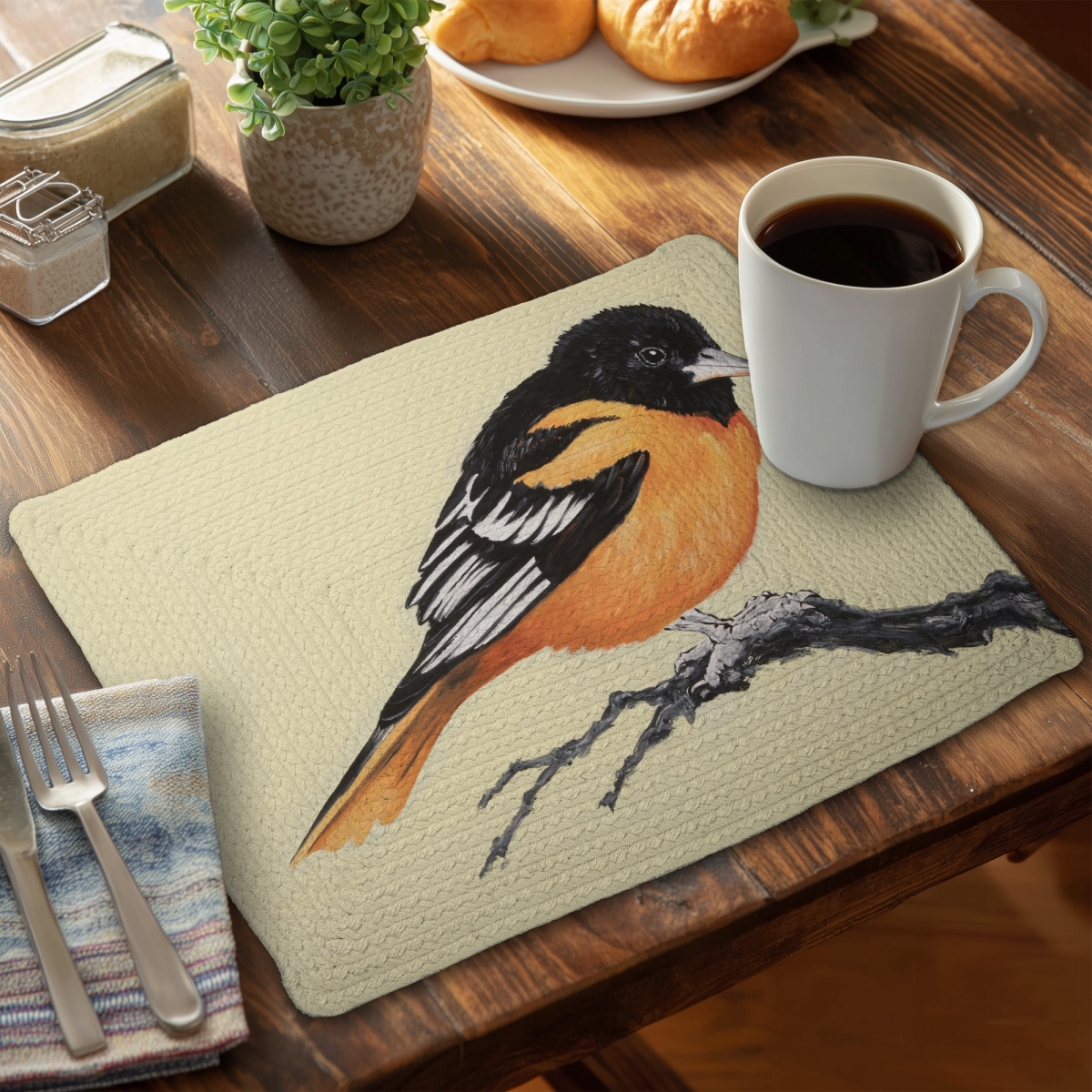 Picture of Begin Home Decor CBPM1418Y1LDCM 14 x 18 in. Realistic Bird Branch Placemat - Braided Polyester Home Decor