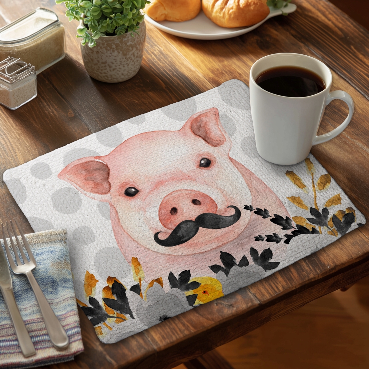 Picture of Begin Home Decor CBPM1418KV3EU4 14 x 18 in. Black Animal Placemat - Little Disguised Pig Home Decor