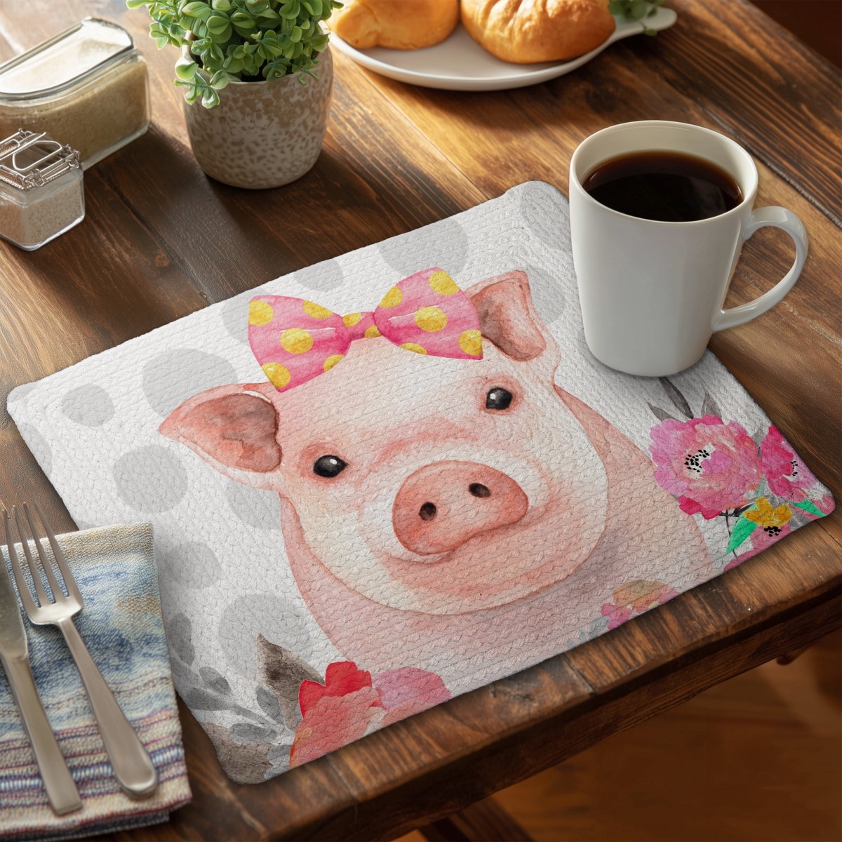 Picture of Begin Home Decor CBPM1418M4KUCT 14 x 18 in. Pretty Pig Farm Animal Placemat - Braided Polyester Decor