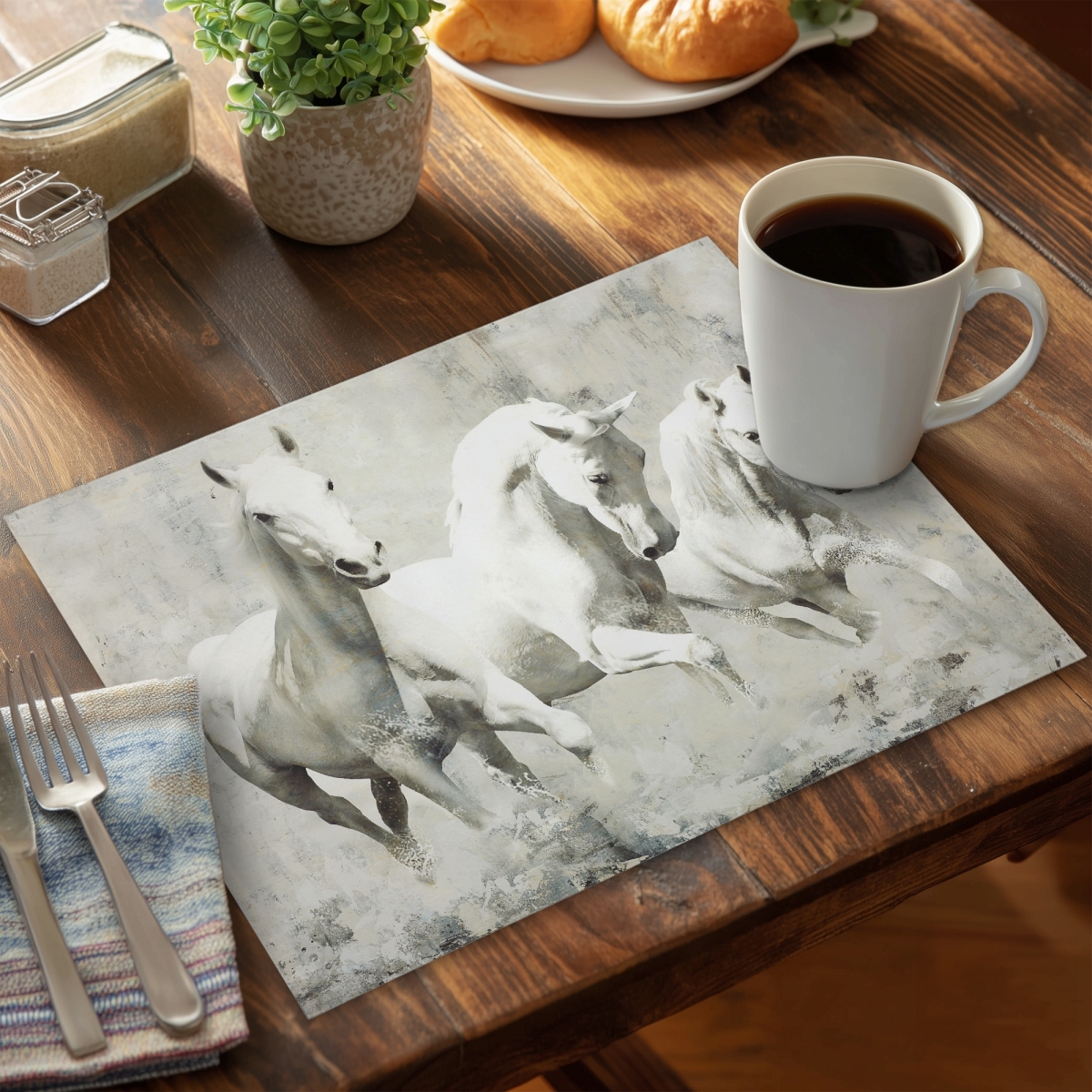 Picture of Begin Home Decor CPPM1418195Y1H 14 x 18 in. White Horses Placemat - Three Horses Bedroom Decor Polyester
