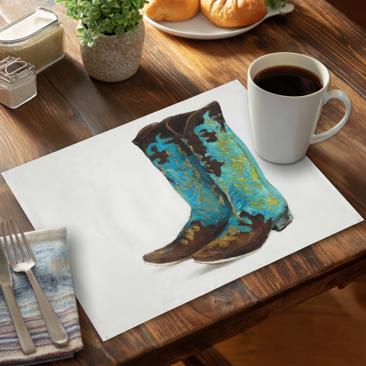 Picture of Begin Home Decor CPPM1418E80CYX 14 x 18 in. Blue Cowboy Boots Placemat - Western Fashion Home Decor