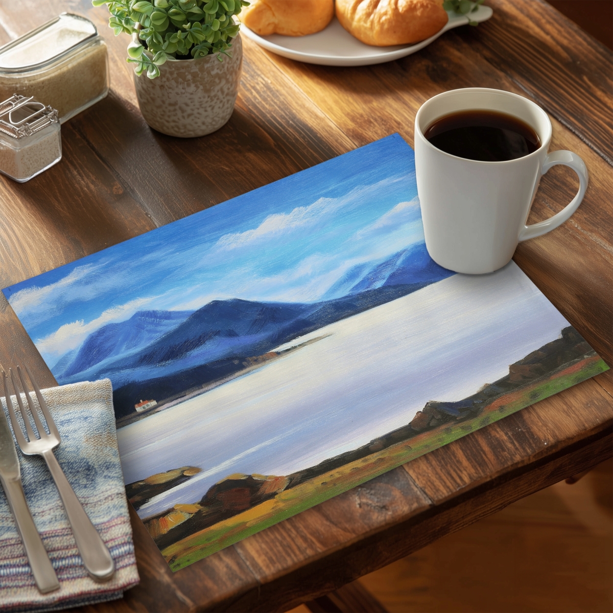 Picture of Begin Home Decor CPPM1418I6F7EW 14 x 18 in. Bedroom Trees Blue Placemat - Scottish Highlands Home Decor