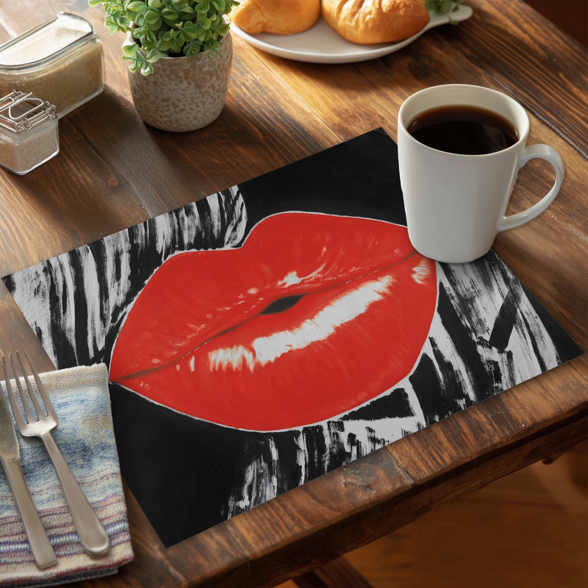 Picture of Begin Home Decor CPPM141809N0MX 14 x 18 in. Pouty Glossy Lips Figurative Black Bedroom Polyester Placemat