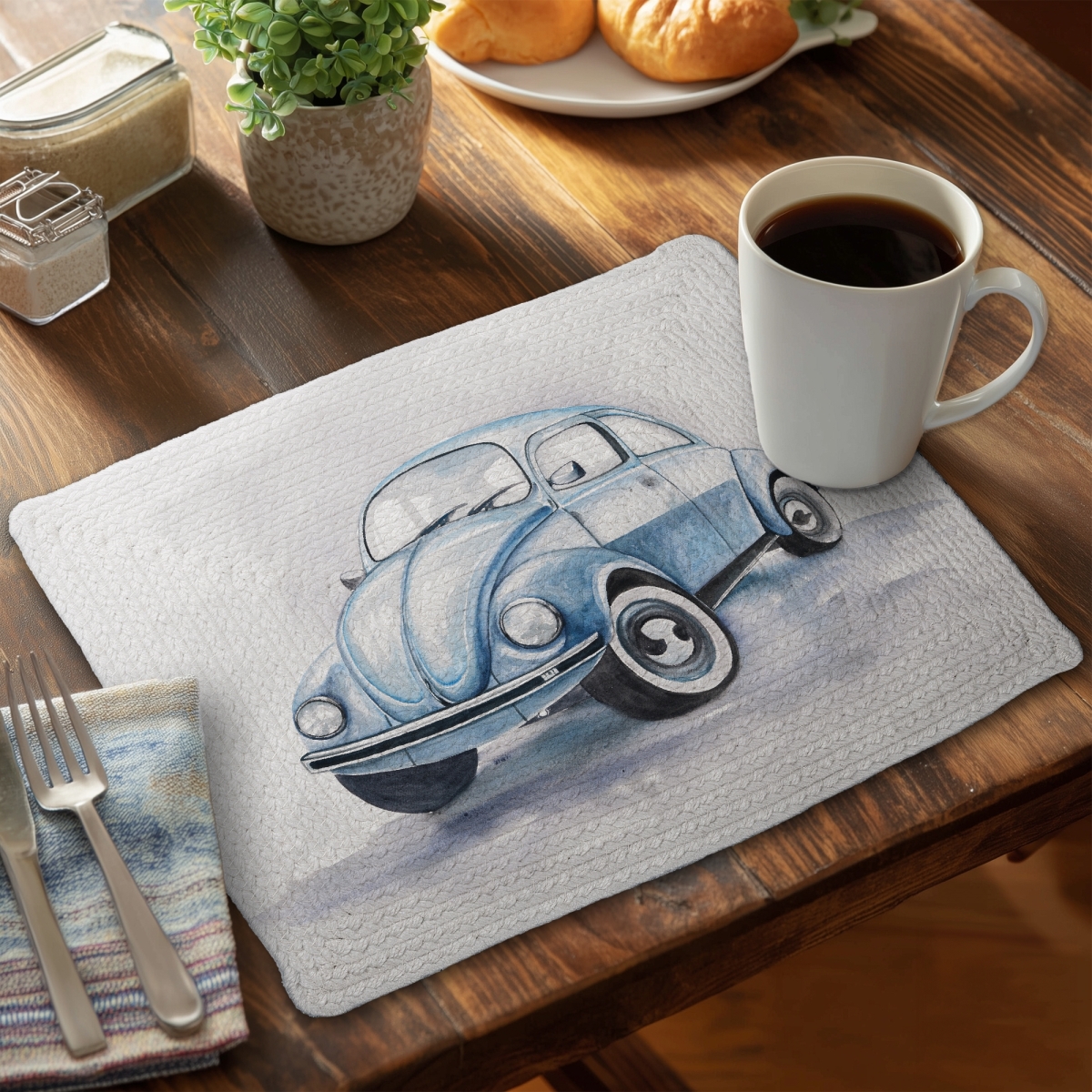 Picture of Begin Home Decor CBPM1418UNKEI0 14 x 18 in. Beetle Blue Car Placemat - Braided Polyester - Bedroom Decor