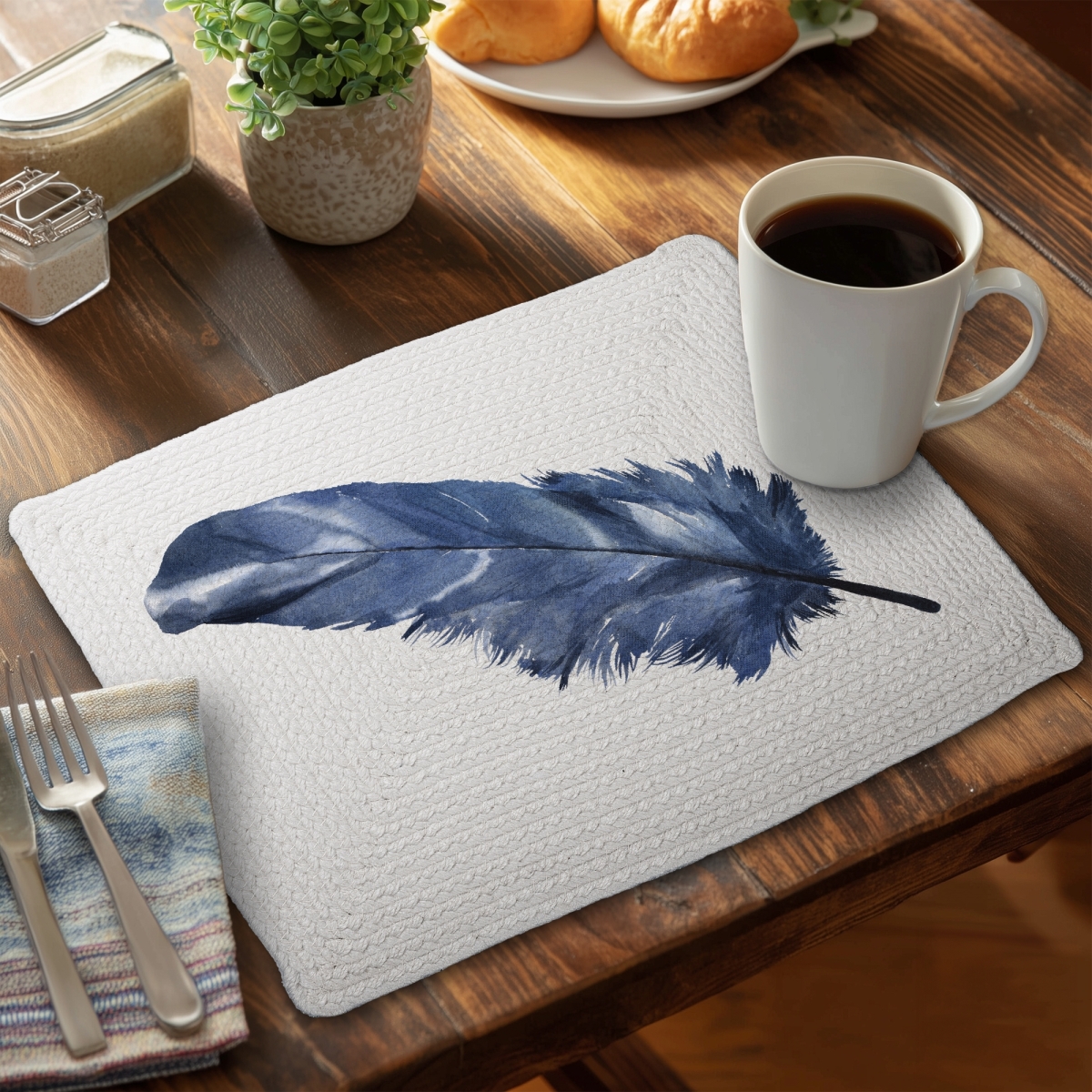 Picture of Begin Home Decor C6BP1418WJZYCC 14 x 18 in. Blue Feather Braided Polyester Placemat - Home Decor Accent - Set of 6
