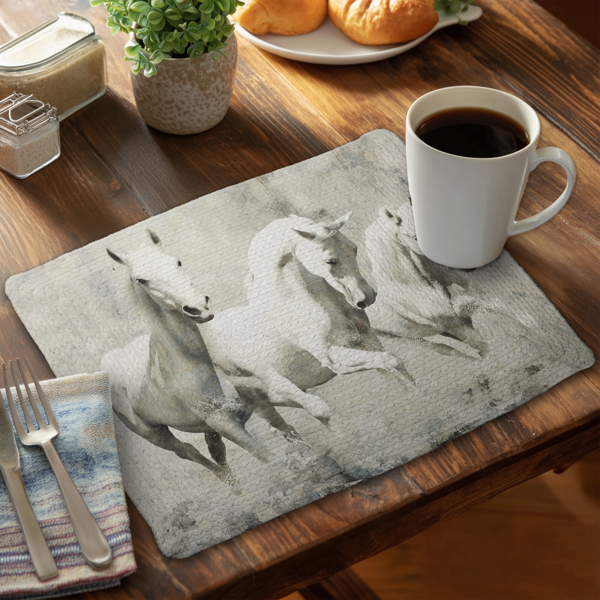 Picture of Begin Home Decor CBPM1418NJGLWI 14 x 18 in. Three White Horses Running Braided Polyester Placemat - Decor