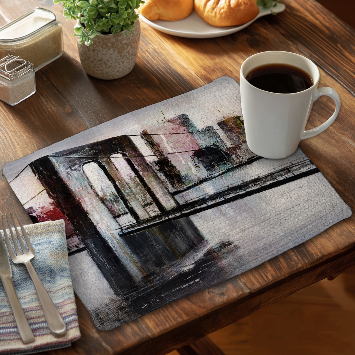 Picture of Begin Home Decor CBPM1418637EL0 14 x 18 in. Abstract Bridge Cityscape Gray Braided Polyester Placemat