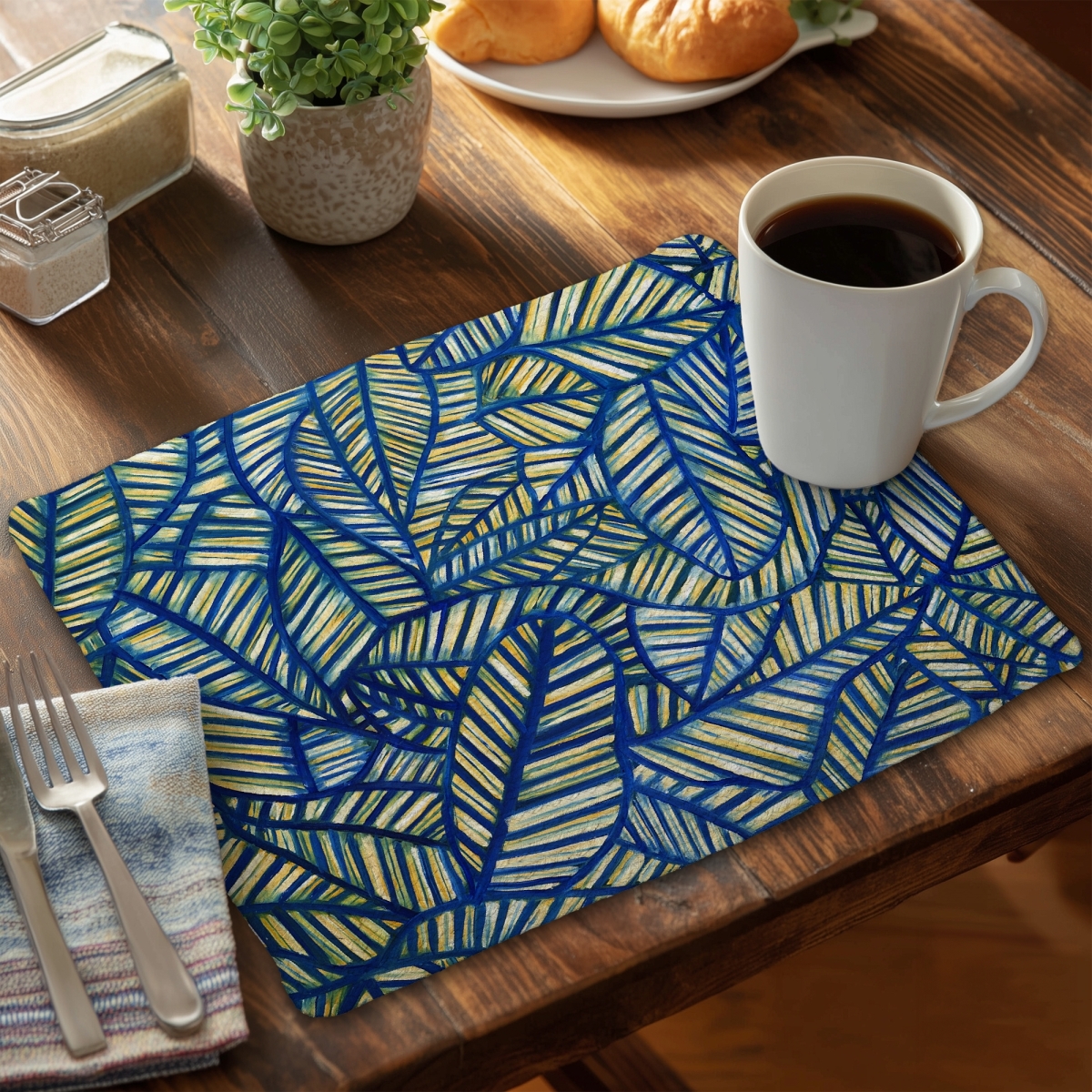 Picture of Begin Home Decor CBPM14185CR8FZ 14 x 18 in. Blue Floral Braided Polyester Placemat - Blue Leaf Patterns