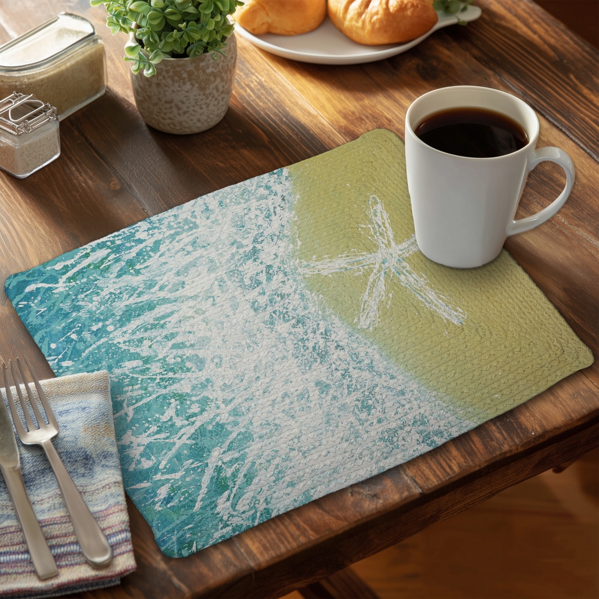 Picture of Begin Home Decor CBPM1418A4JFZ0 14 x 18 in. Aquatic Animals Turquoise Placemat - Right Side Seastar & Wave