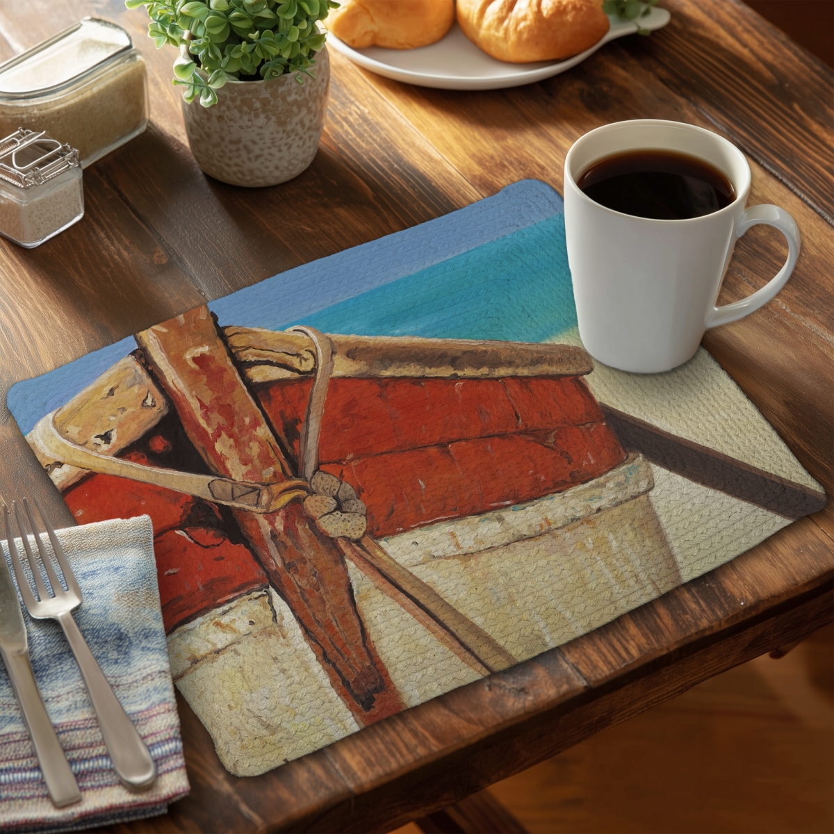 Picture of Begin Home Decor CBPM1418E1732Z 14 x 18 in. Marine Blue Braided Boat Placemat - Tied Up Rowing Boat Decor