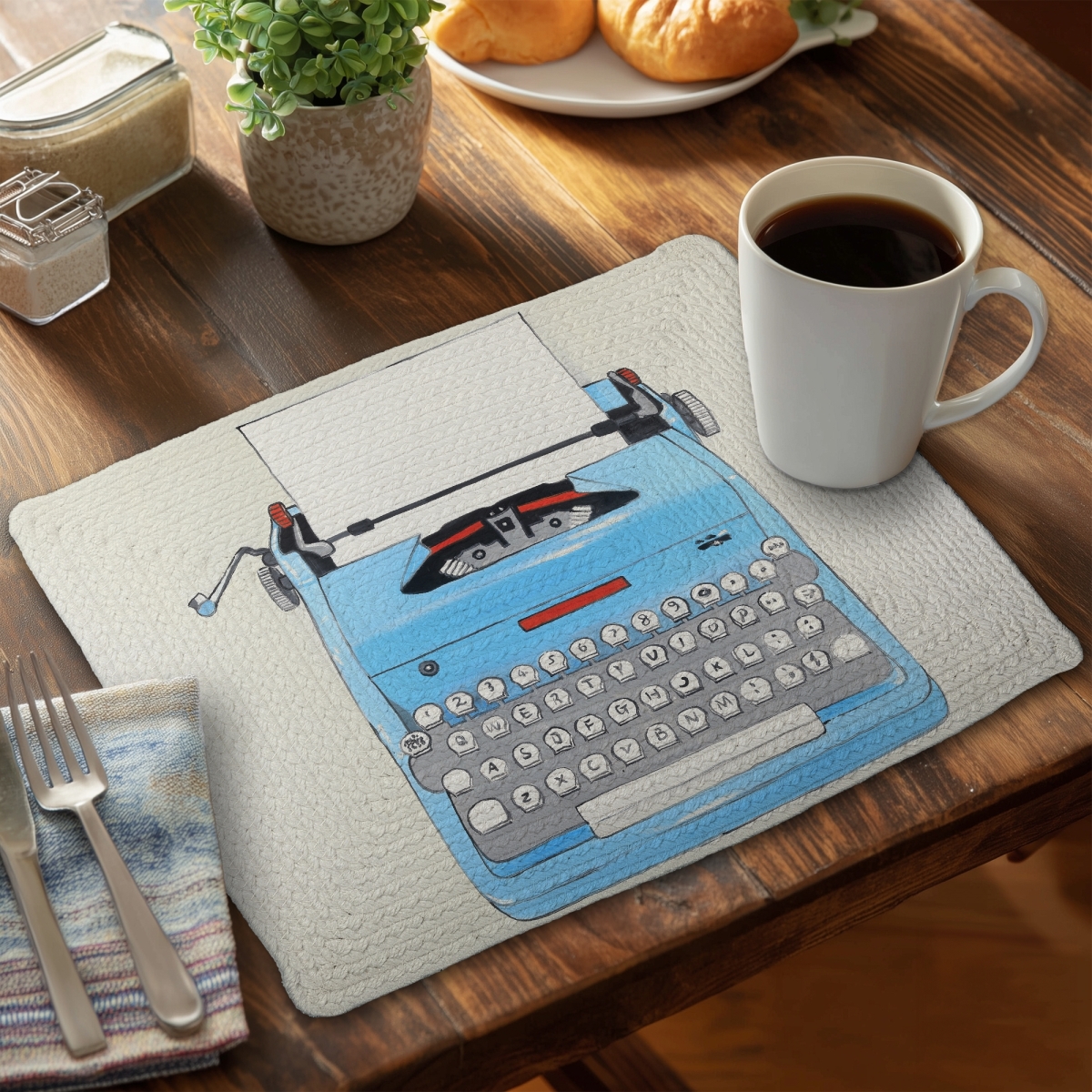 Picture of Begin Home Decor CBPM1418AASWB0 14 x 18 in. Vintage Blue Typewriter Machine Braided Placemat - Home Decor