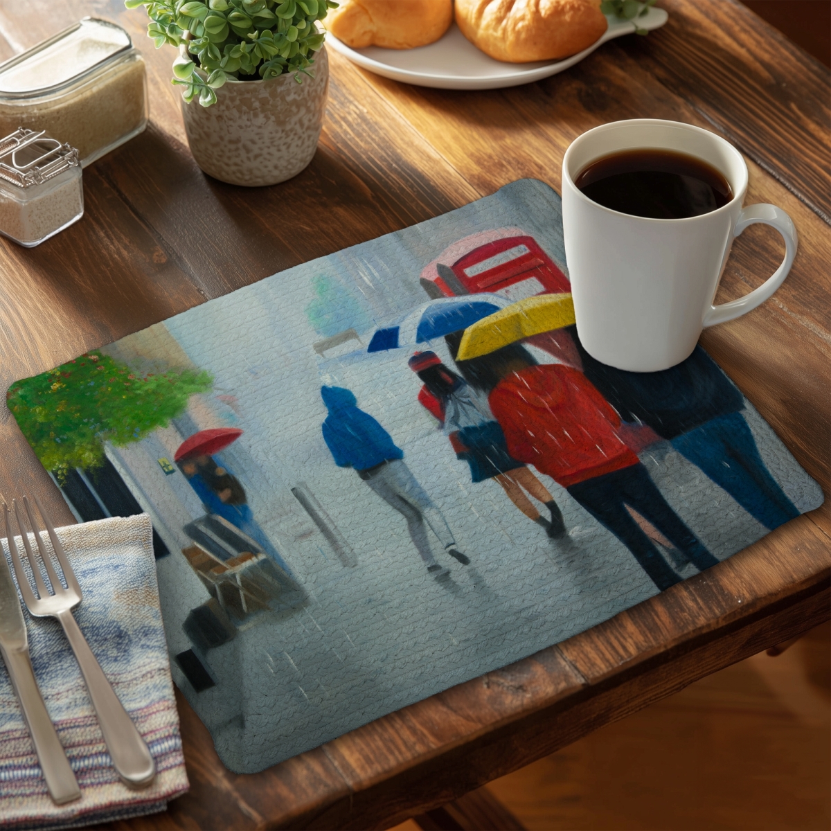 Picture of Begin Home Decor CBPM14189QKFIL 14 x 18 in. Street Scenery Placemat-Rainy Day Umbrella Walkers Decor