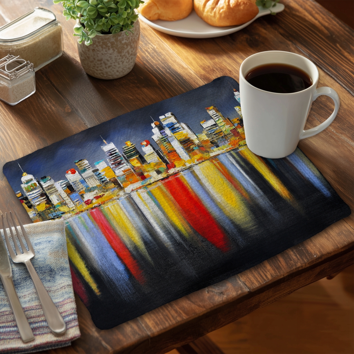 Picture of Begin Home Decor CBPM1418TSVFW4 14 x 18 in. Cities Building Blue Braided Placemat - Night Cityscape Decor