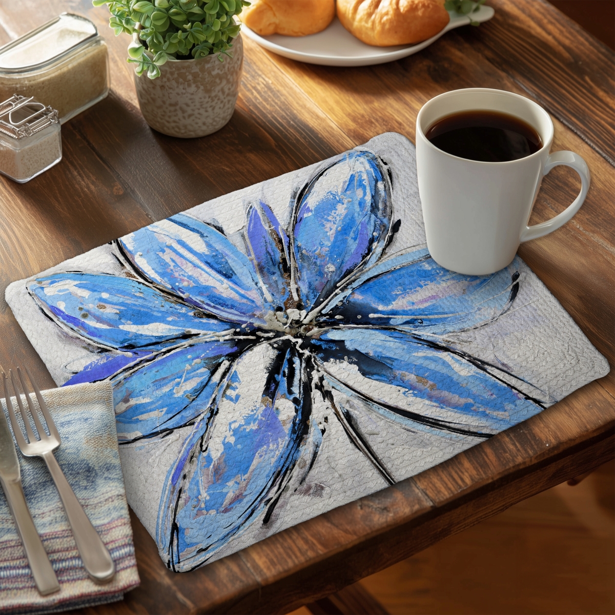 Picture of Begin Home Decor CBPM1418CTTR1D 14 x 18 in. Blue Flower Braided Polyester Placemat - Contemporary Decor