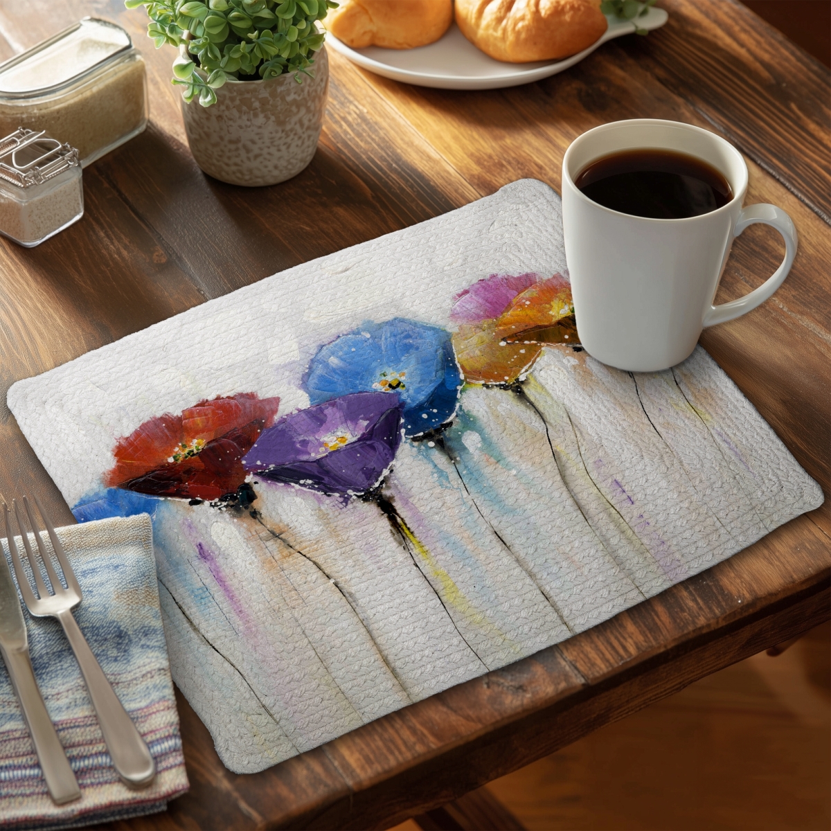 Picture of Begin Home Decor CBPM1418ZV6HGH 14 x 18 in. Blue Floral Braided Polyester Placemat - Colorful Flowers Decor