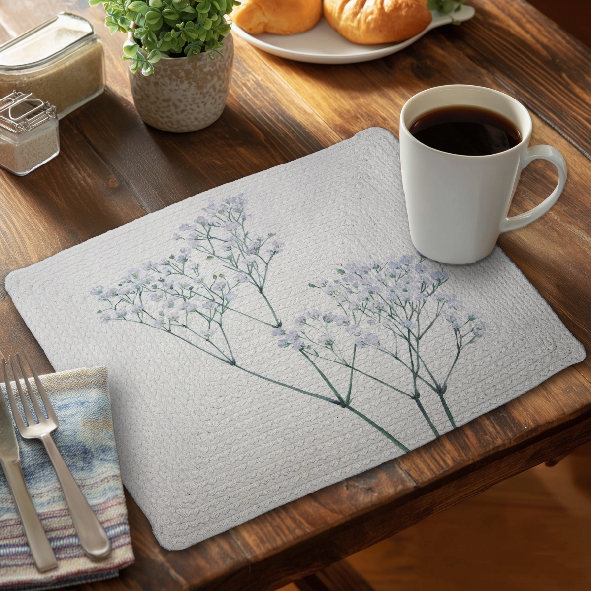 Picture of Begin Home Decor CBPM1418U5KUIT 14 x 18 in. Minimalist Blue Botanical Braided Placemat - Babys-Breath Decor