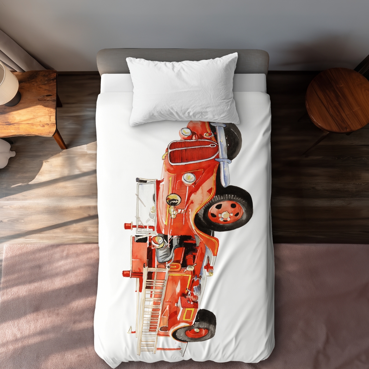 C1DCTXLWZ1PWLK Vintage Fire Truck Twin Size Extra Long Duvet Cover - Man Cave Car Decor