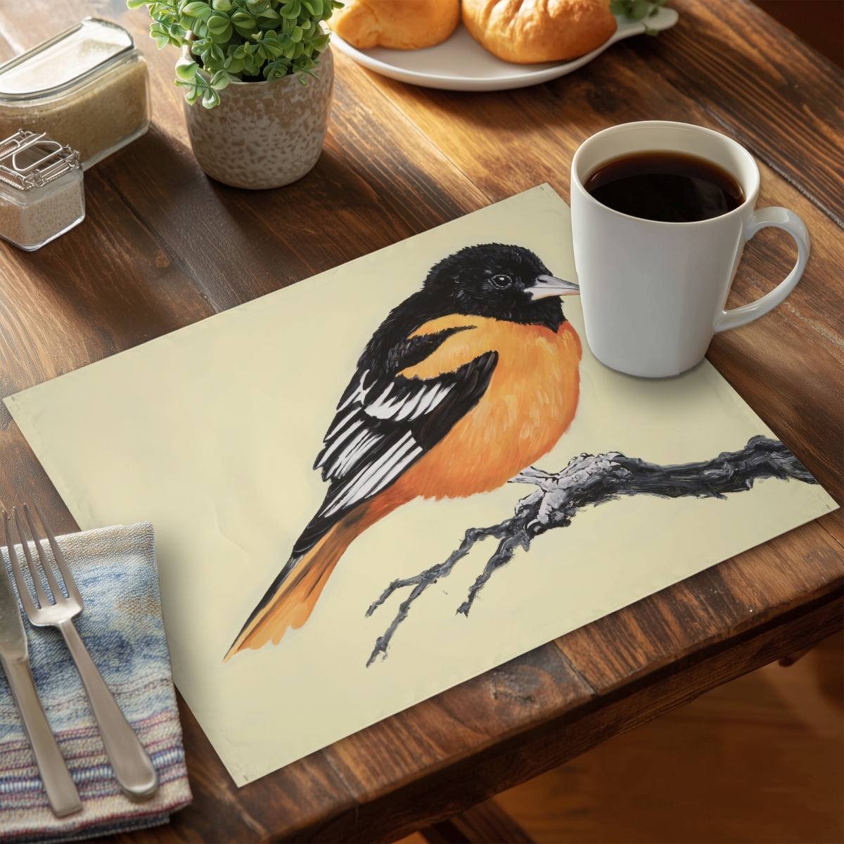 Picture of Begin Home Decor CPPM1418DMJ1I7 14 x 18 in. Realistic Little Bird Placemat - Black Polyester Home Decor