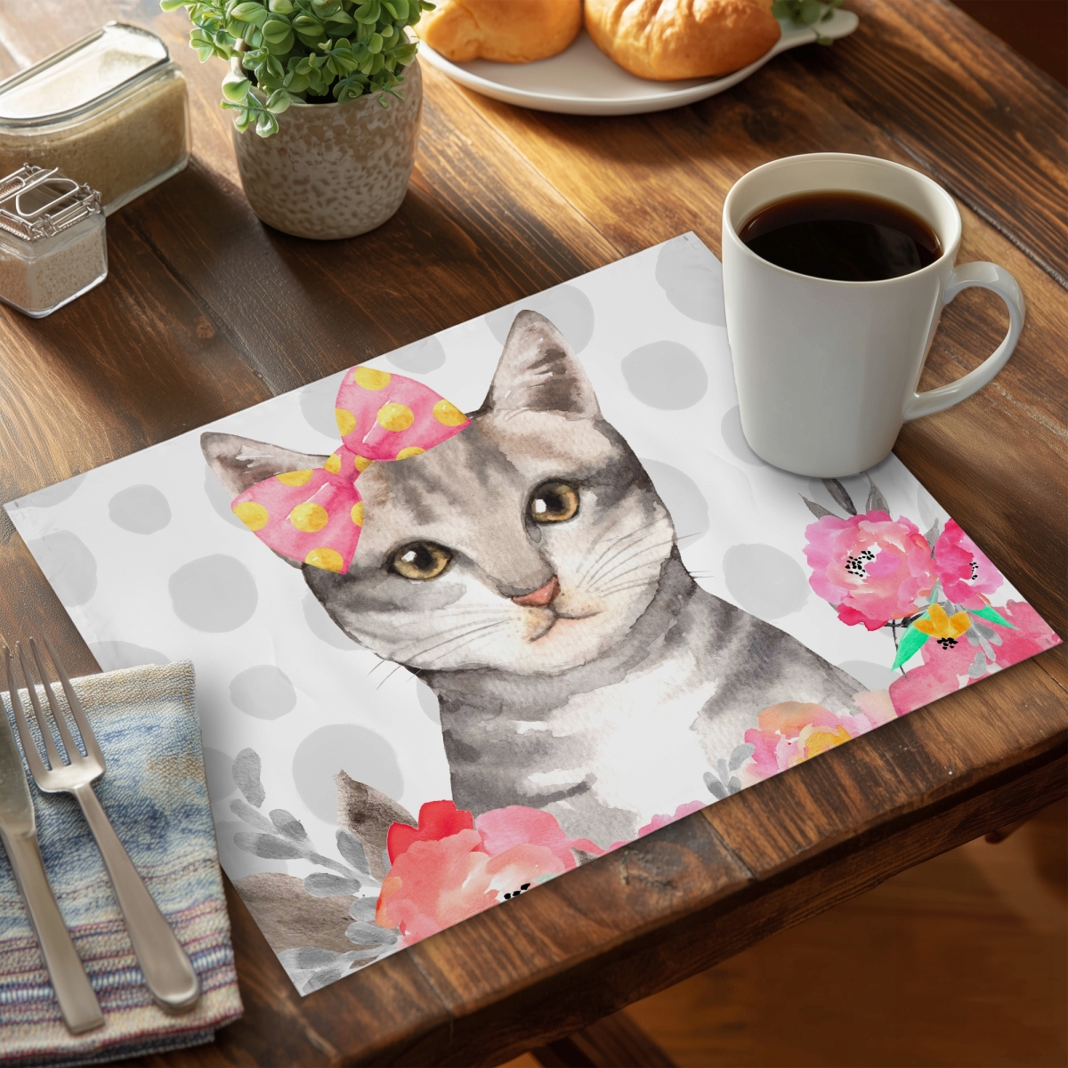 Picture of Begin Home Decor CPPM1418W79M7G 14 x 18 in. Charming Cat Polyester Placemat - Bedroom Animal Decor