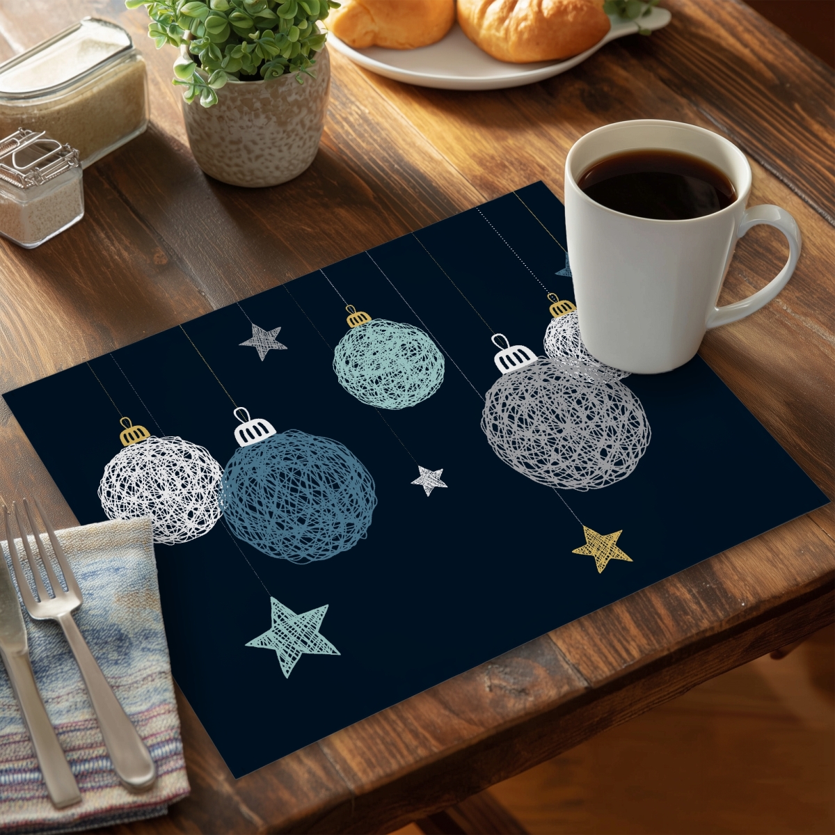 Picture of Begin Home Decor CPPM14186713NU 14 x 18 in. Christmas Ball Vector Blue Polyester Placemat - Home Decor