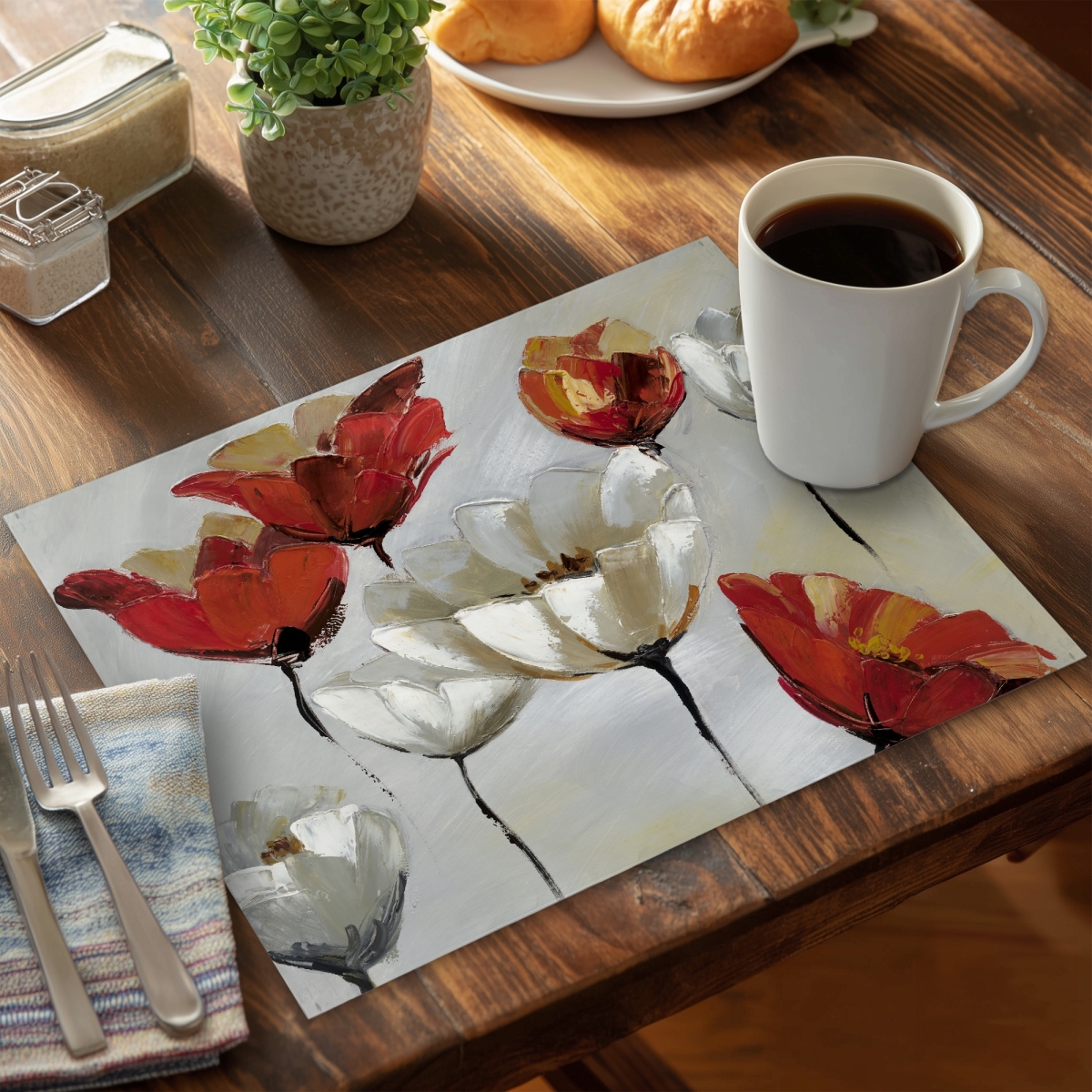 Picture of Begin Home Decor CPPM14181RHWMK 14 x 18 in. Abstract Red & White Floral Placemat - Botanical Home Decor