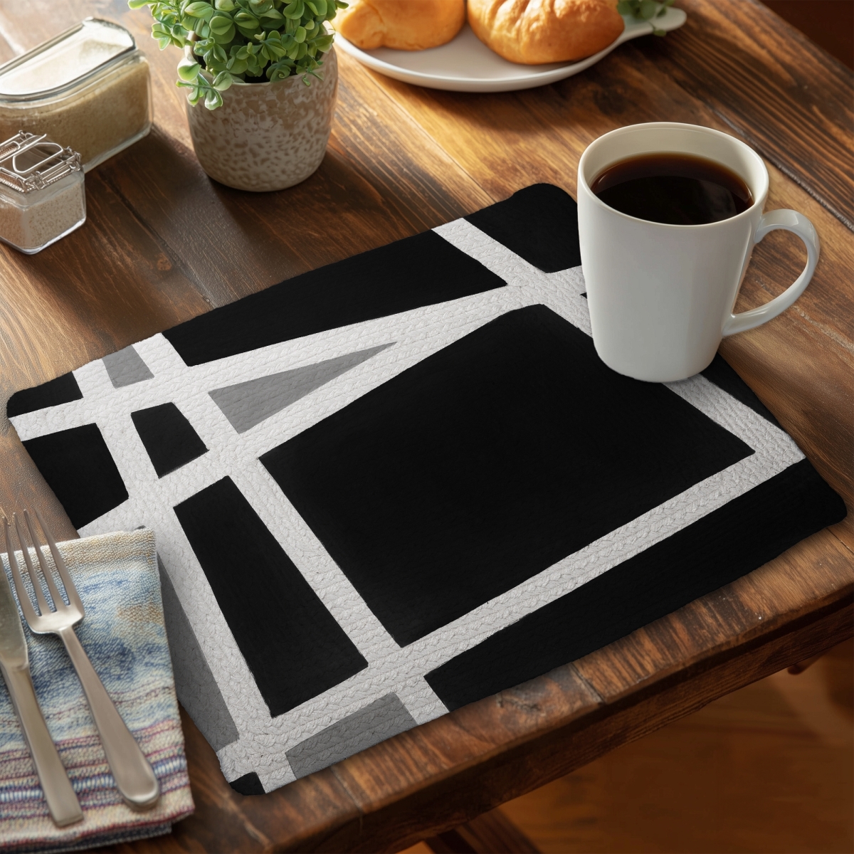 Picture of Begin Home Decor CBPM1418YQ2JRG 14 x 18 in. Black & White Abstract Shapes Braided Placemat - Home Decor