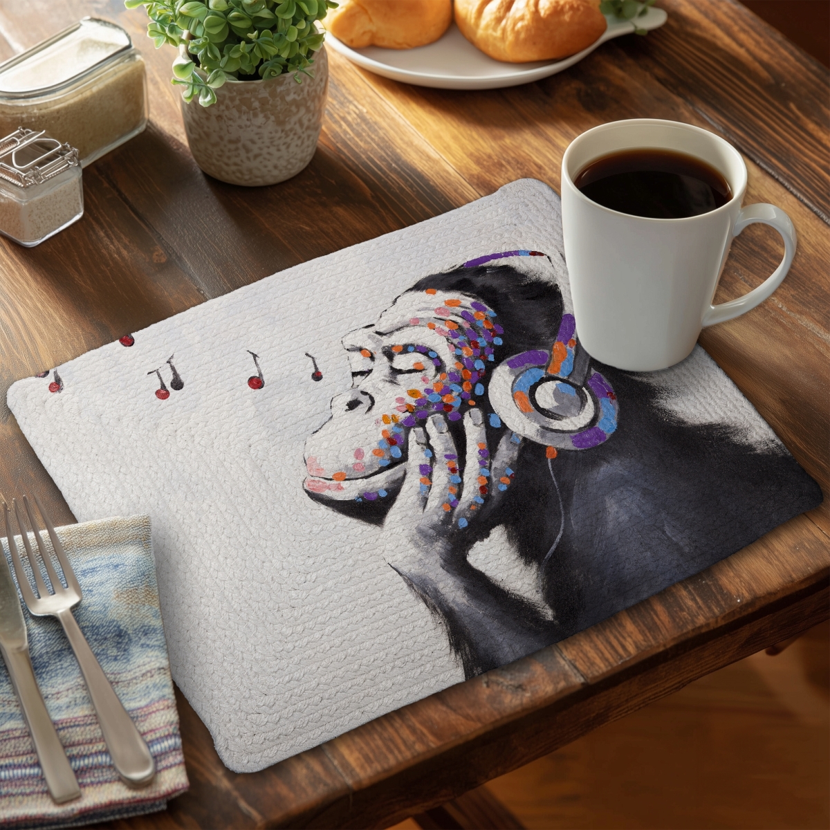 Picture of Begin Home Decor CBPM1418JNESOB 14 x 18 in. Blue Braided Polyester Placemat - Monkey Listening Music Decor
