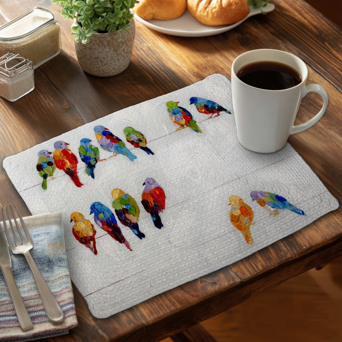Picture of Begin Home Decor CBPM14184GXDCL 14 x 18 in. Colorful Birds on A Wire Blue Braided Polyester Placemat