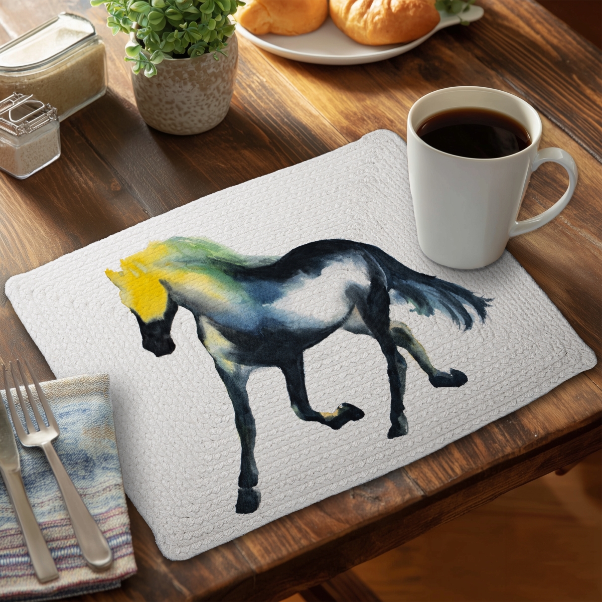Picture of Begin Home Decor CBPM1418VX4EC7 14 x 18 in. Galloping Horse Blue Farm Animal Braided Polyester Placemat
