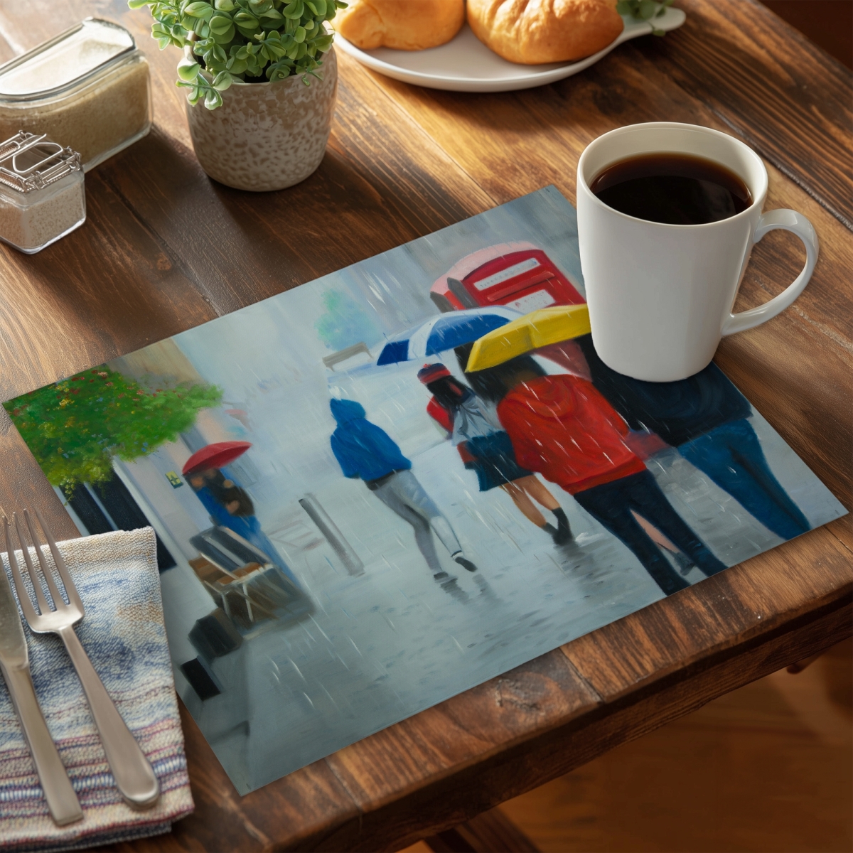 Picture of Begin Home Decor CPPM1418SX8WEY 14 x 18 in. Gray Scenic Livingroom Placemat - Rainy Day Umbrella Design