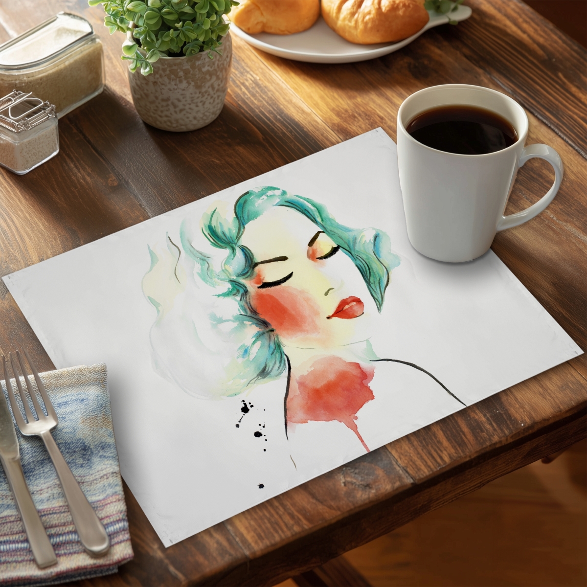 Picture of Begin Home Decor CPPM1418LGN0N8 14 x 18 in. Figurative Beauty Black Placemat - Watercolor Lady Portrait Decor