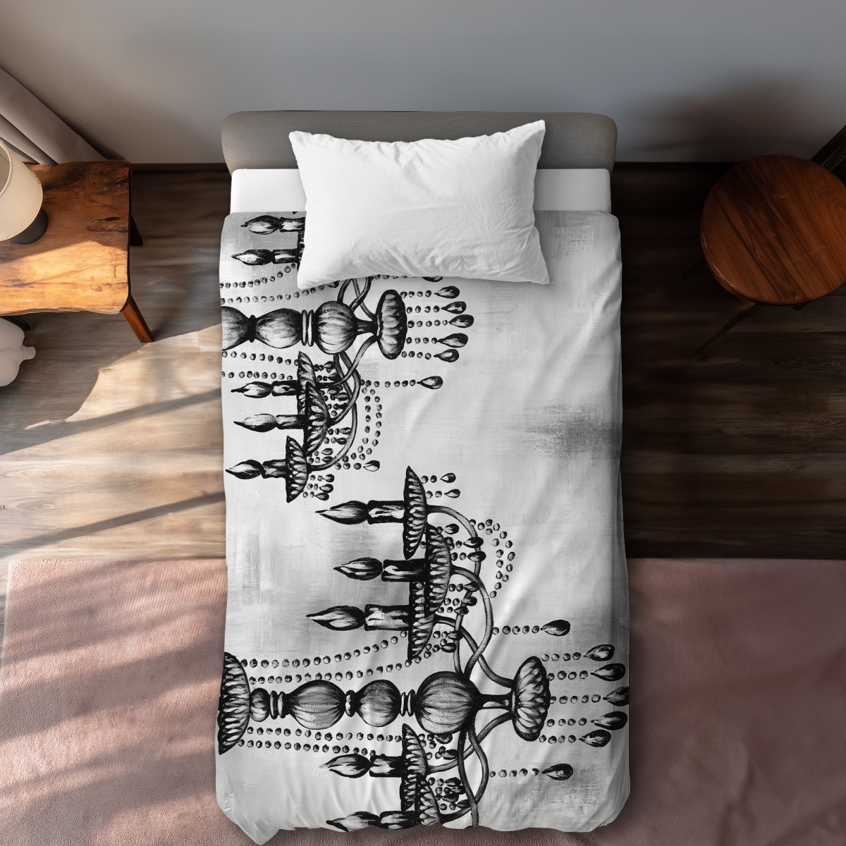C1DCTXLWL39W5O Two Crystal Chandeliers - Monochrome Object Twin Size Extra Long Duvet Cover - Decor