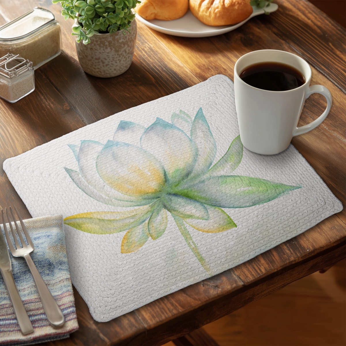 Picture of Begin Home Decor CBPM1418W3CIL3 14 x 18 in. Blue Botanical Lotus Flower Braided Placemat - Home Decor