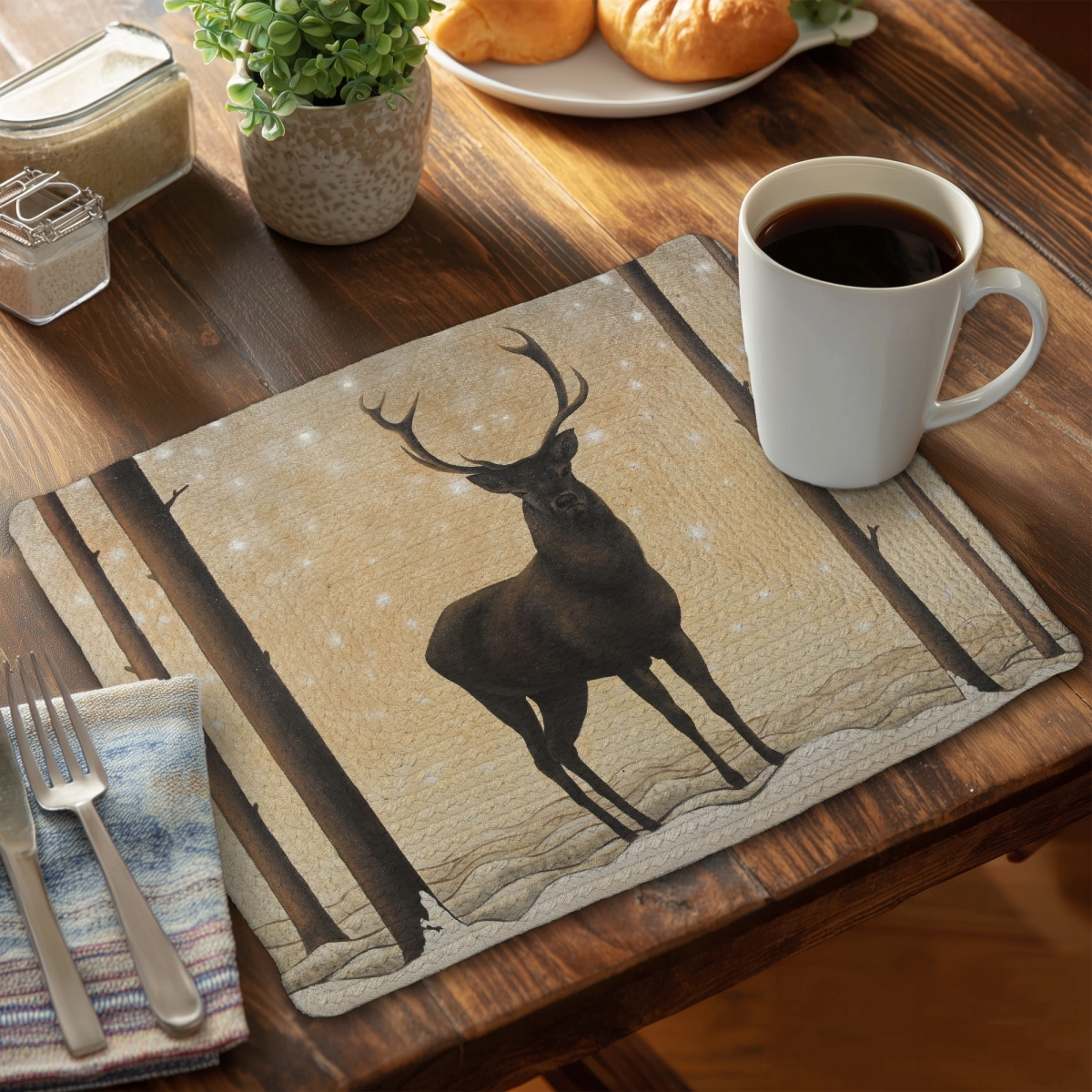Picture of Begin Home Decor CBPM1418GC25EO 14 x 18 in. Rustic Deer Braided Placemat - Roe Deer in Winter Decor