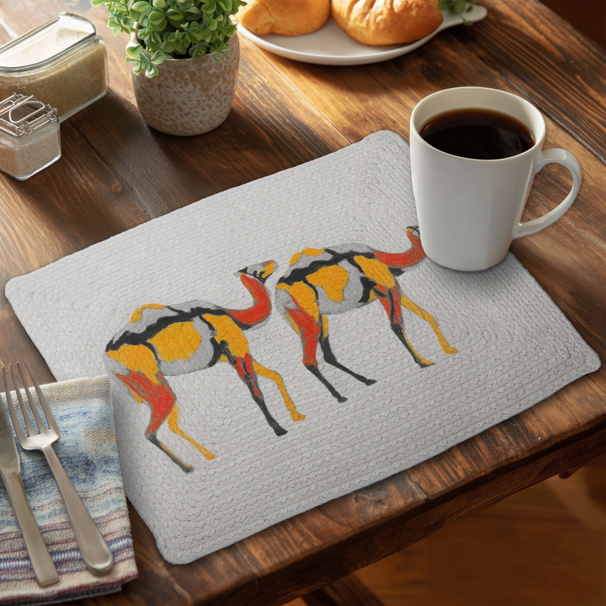 Picture of Begin Home Decor CBPM14187QIFTG 14 x 18 in. Gray Braided Placemat - Abstract Dromedaries Home Decor