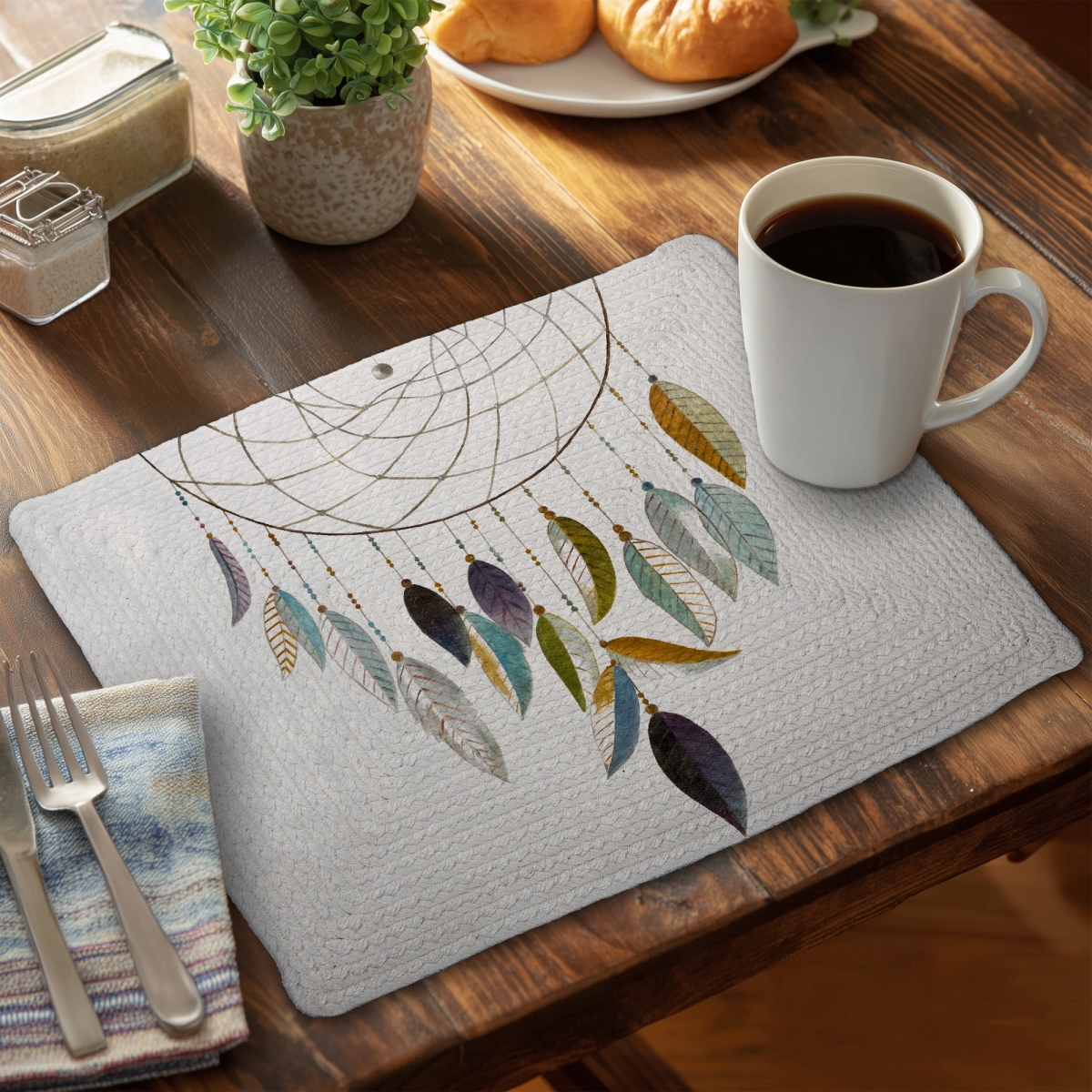 Picture of Begin Home Decor CBPM1418SGVEHG 14 x 18 in. Dreamcatcher Feather Braided Polyester Placemat - Home Decor