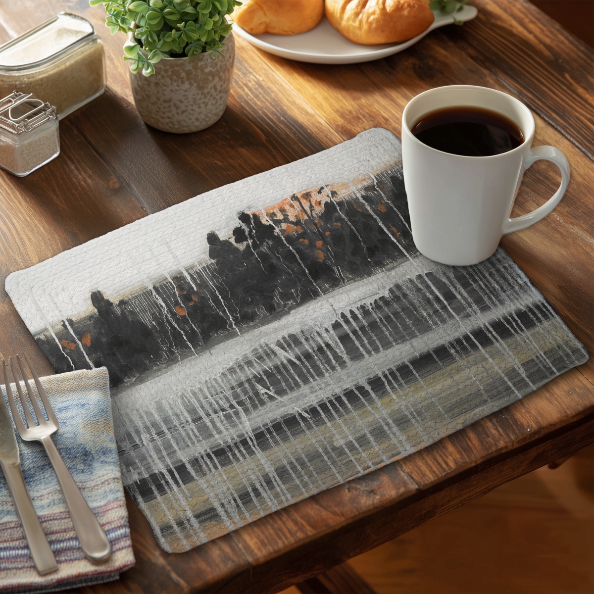 Picture of Begin Home Decor CBPM141894YXHB 14 x 18 in. Trees Bedroom Gray Braided Placemat - Rainy Fall Landscape Decor