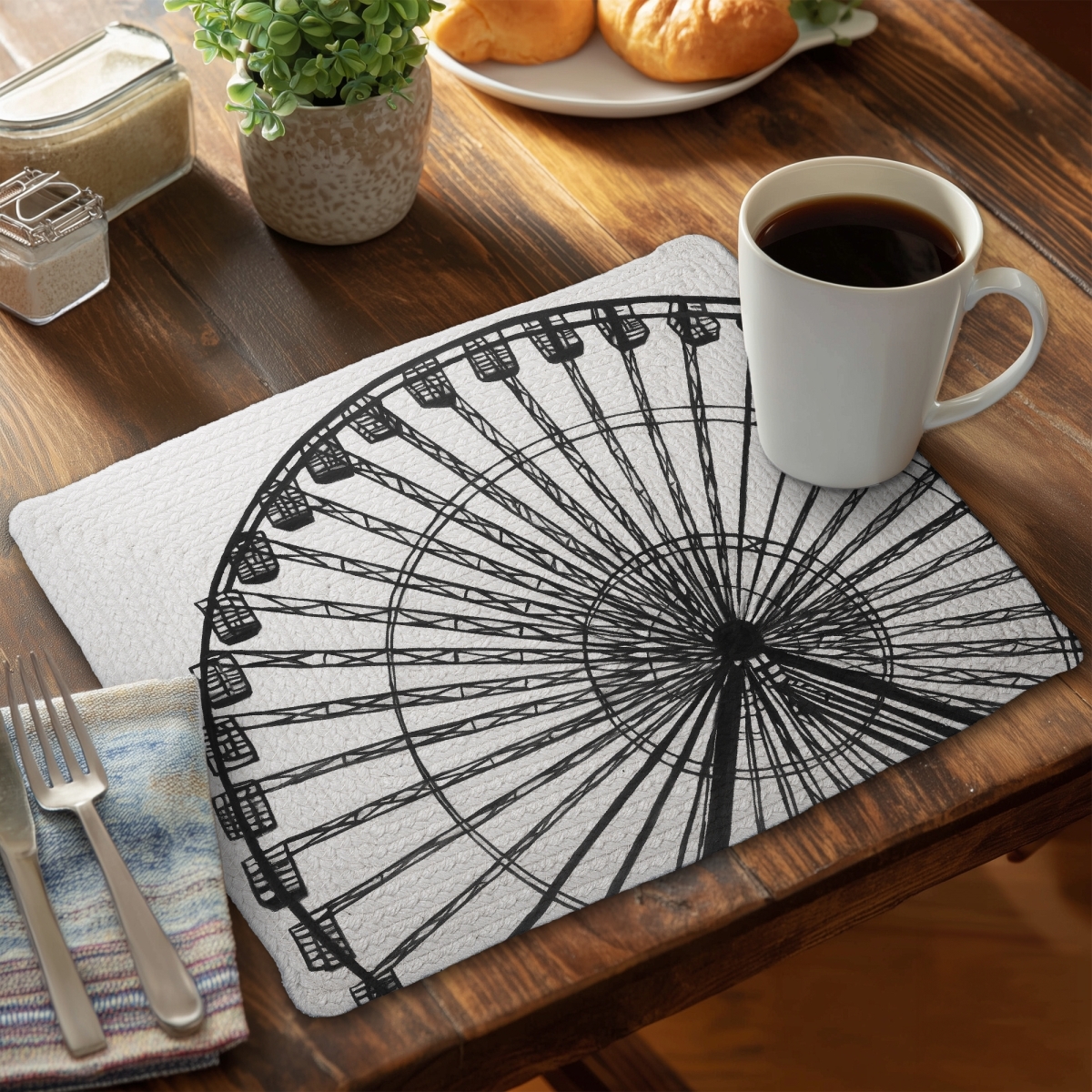 Picture of Begin Home Decor CBPM1418WSK1RI 14 x 18 in. White Braided Polyester Placemat - Monochrome Ferris Wheel Decor