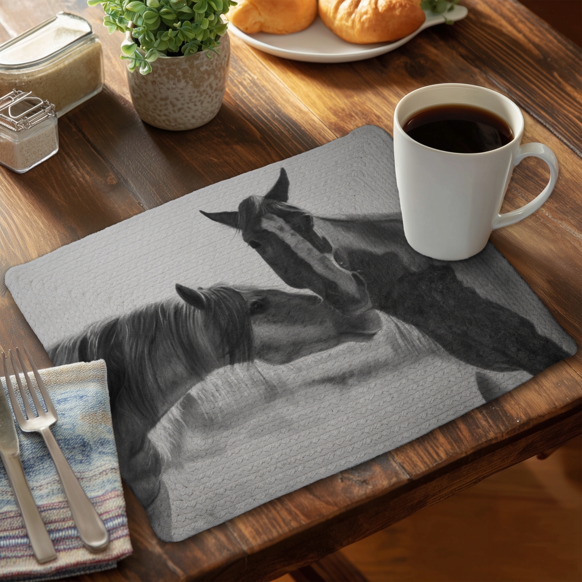 Picture of Begin Home Decor CBPM1418NJTXXE 14 x 18 in. Horses Lover Monochrome White Braided Placemat - Home Decor