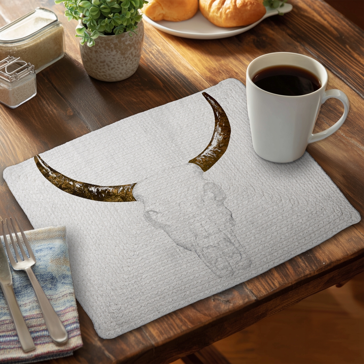 Picture of Begin Home Decor CBPM14187ER87X 14 x 18 in. Bull Skull White Placemat - Farm Animal Home Decor & Polyester