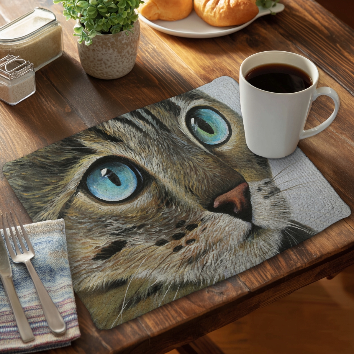 Picture of Begin Home Decor CBPM1418RNKKWG 14 x 18 in. Curious Cat Portrait Blue Braided Polyester Placemat - Home Decor