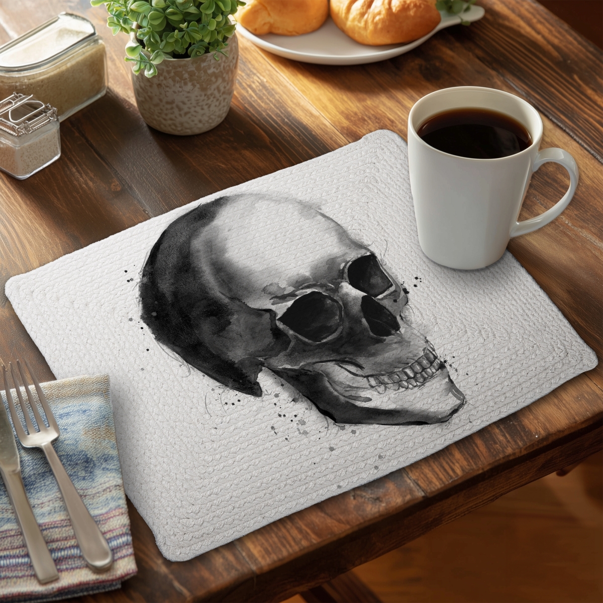 Picture of Begin Home Decor CBPM1418LIN7CN 14 x 18 in. Black & White Skull Placemat - Man Cave Decor - Polyester