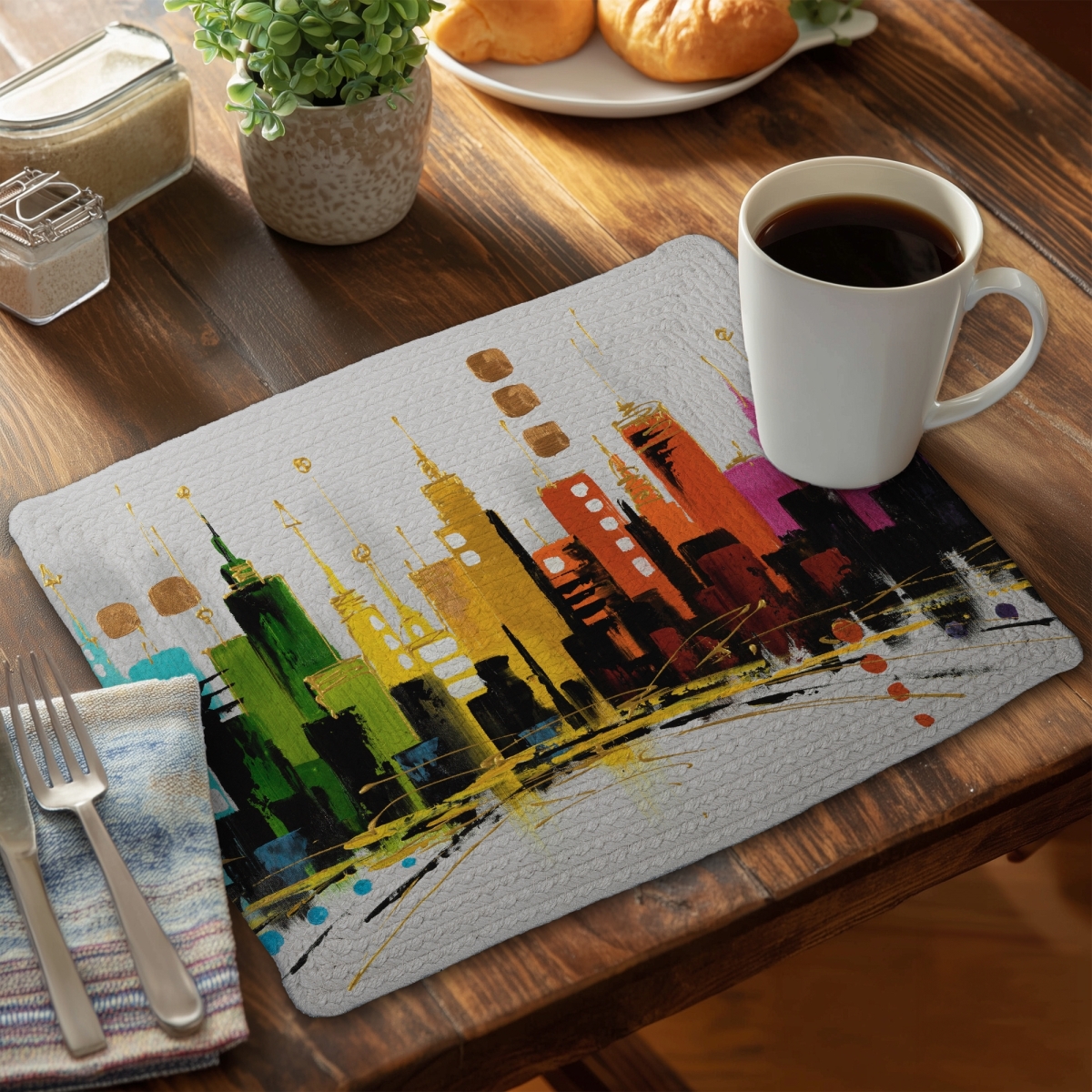 Picture of Begin Home Decor CBPM141889M87Y 14 x 18 in. Colorful City Gold Lines Blue Braided Polyester Placemat