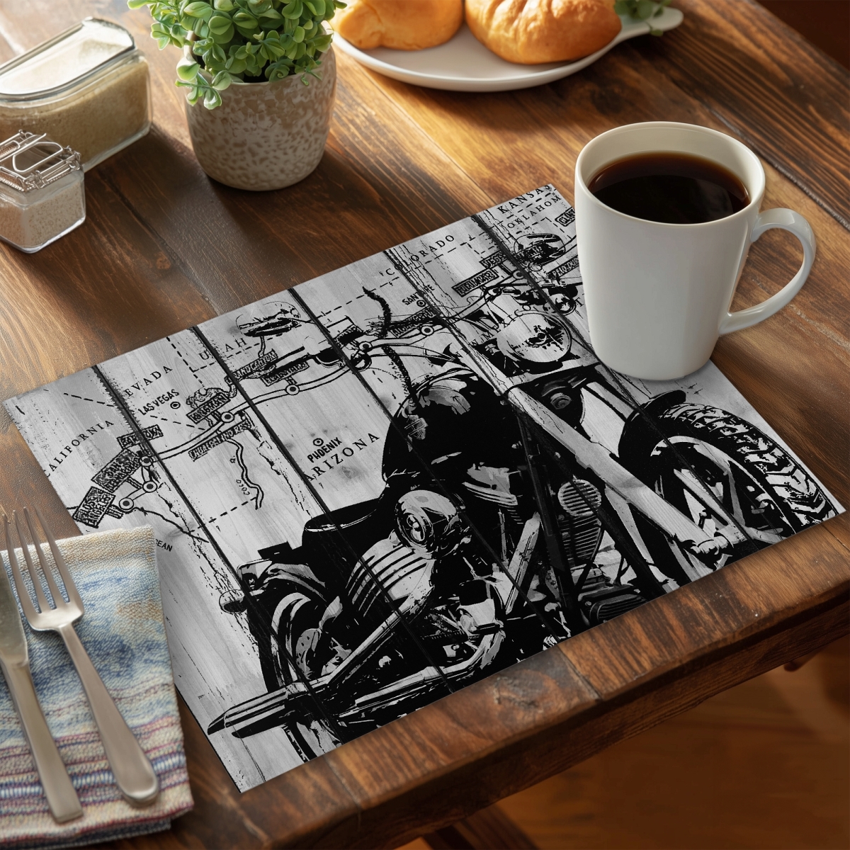 Picture of Begin Home Decor C4PP1418BGSY7F 14 x 18 in. Motorcycle Gray & Black Polyester Placemat for Home Decor - Set of 4
