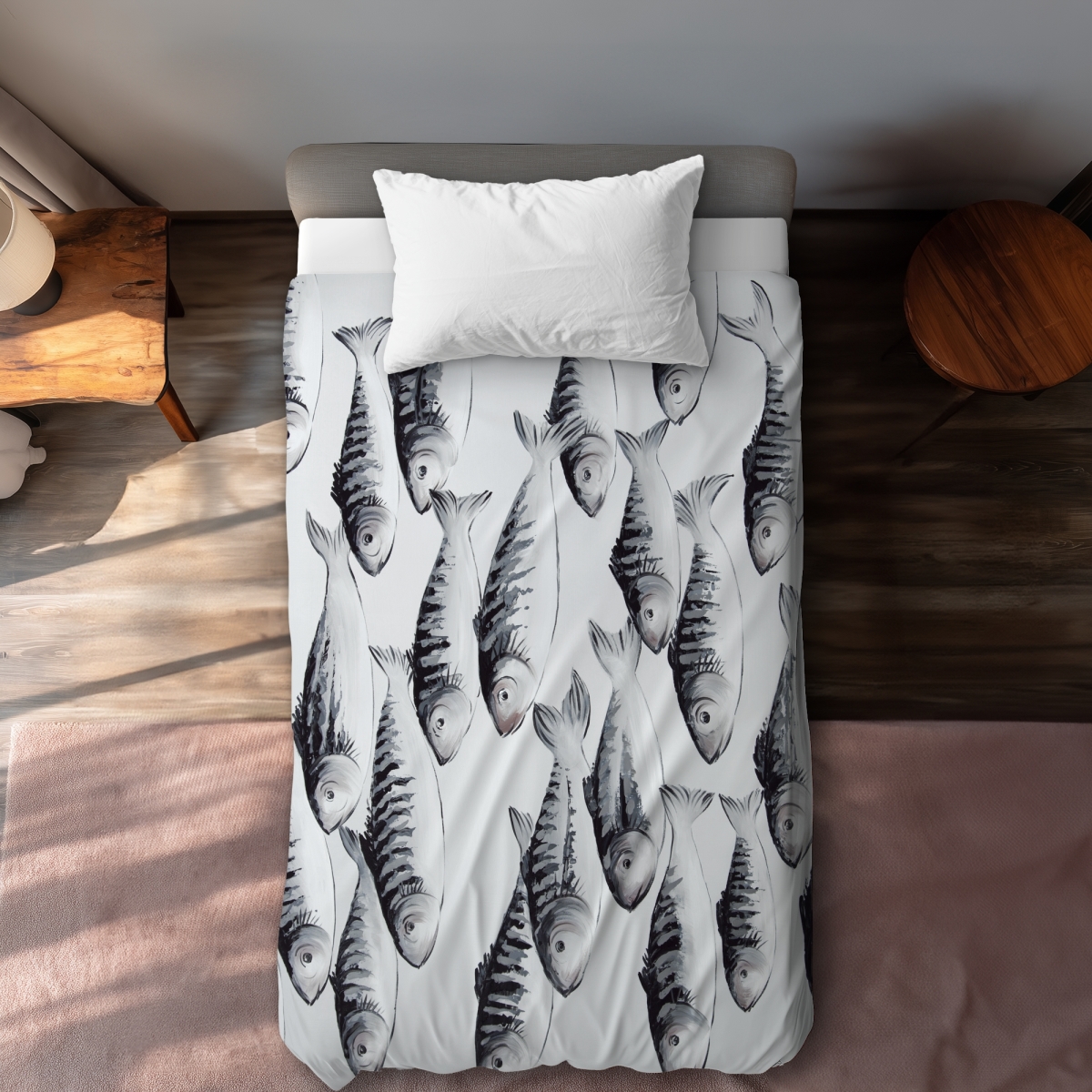 C1DCTXLW7H4ZM7 Gray School of Fish - Gray Sea Twin Size Extra Long Duvet Cover for Home Decor