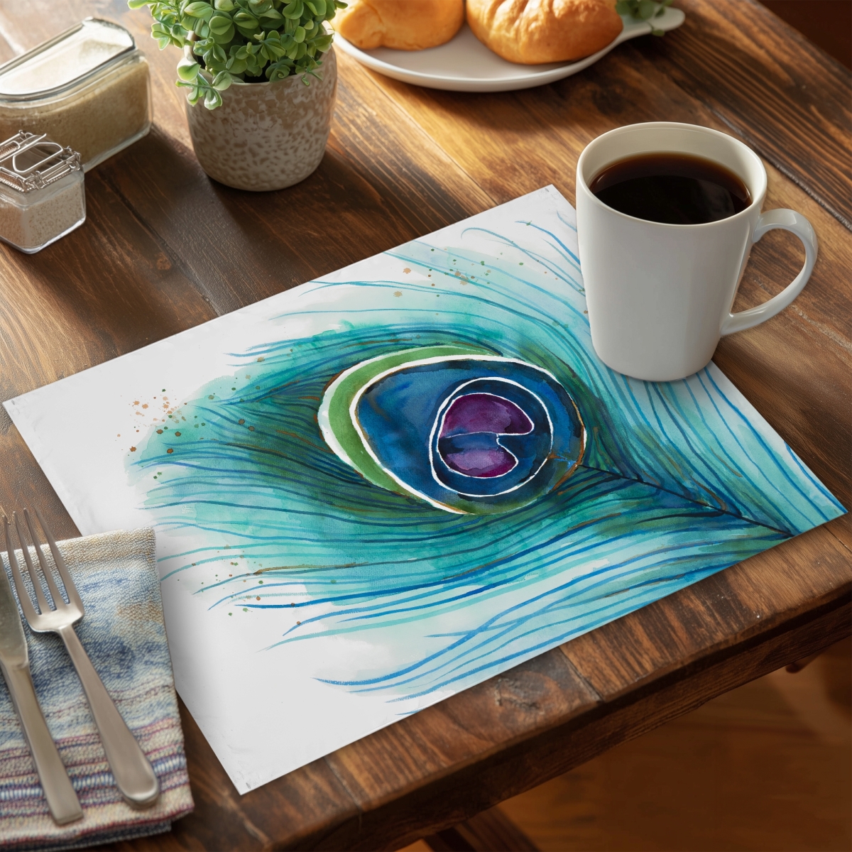Picture of Begin Home Decor CPPM14182HAQSP 14 x 18 in. Peacock Feather Closeup Blue Bohemian Animals Placemat Decor